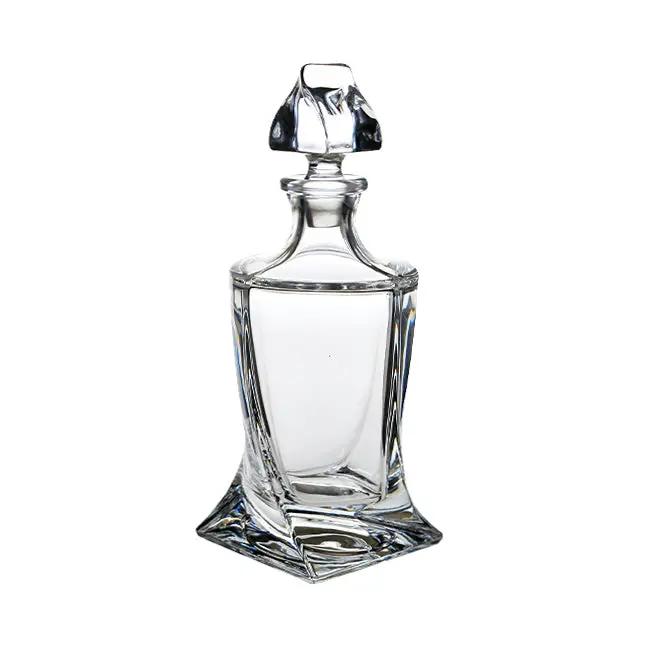 Crystalite 3-piece whisky decanter set by Glassware UK with 0.85L glass bottles and matching tumblers on a wooden surface.