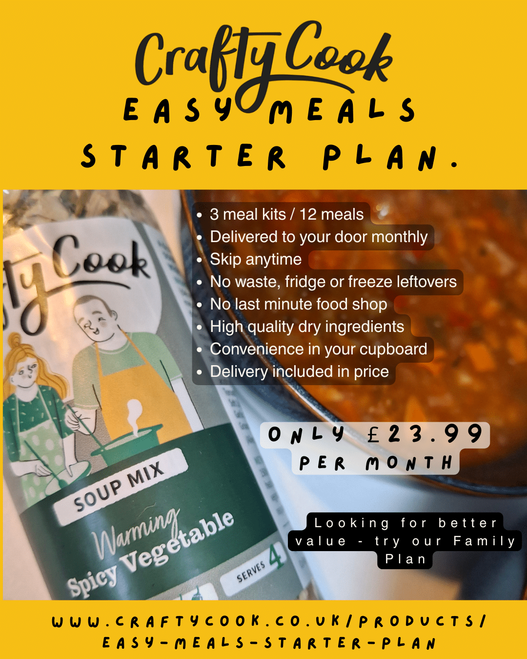 Crafty Cook Easy Meals FAMILY Plan cover image featuring colorful meal icons and the plan title on a clean background.