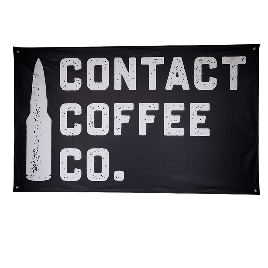 Contact Coffee Co. gear banner featuring the Contact Coffee Company Ltd. logo on a vibrant flag for coffee enthusiasts.