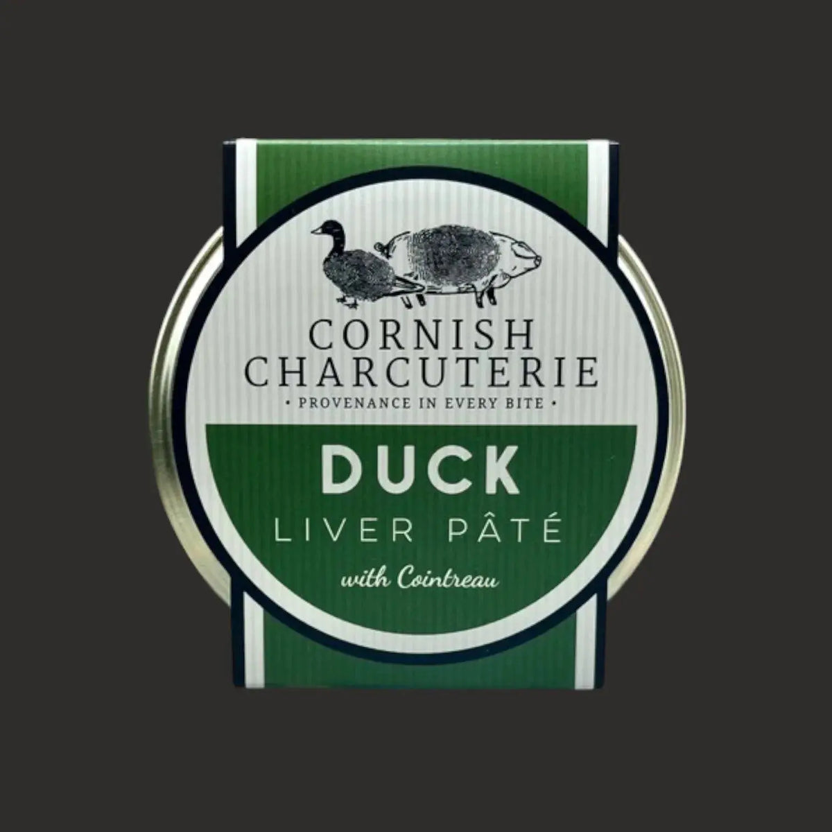 Creamy Cornish Charcuterie Duck Liver Pâté with Cointreau in 125g jar, presented in a natural setting with sliced bread and fresh herbs.