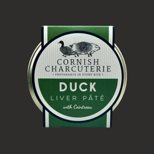 ArtisanBox Selection Cornish Charcuterie duck liver pâté with Cointreau, 125g, creamy spread with orange liqueur visible in a jar