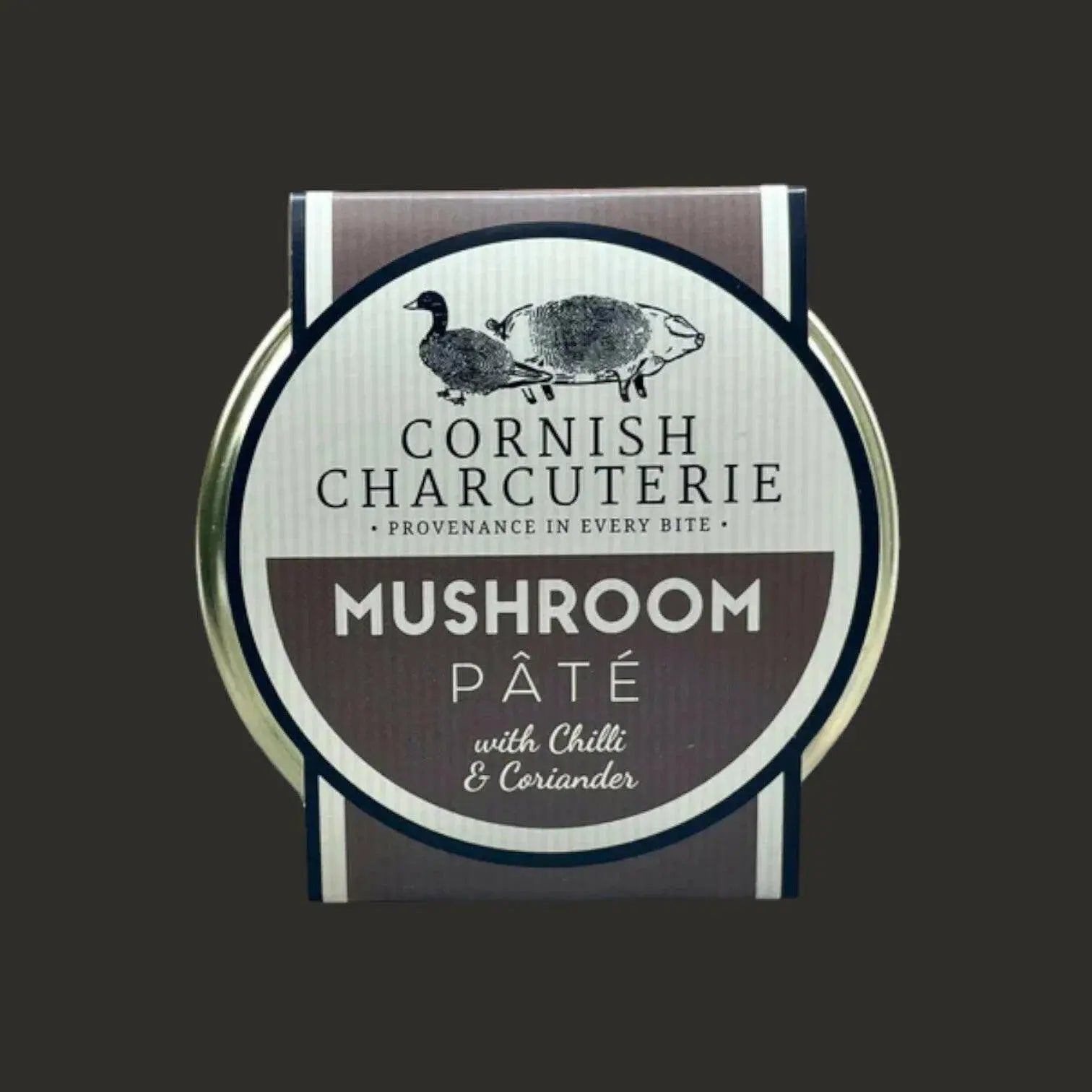 Cornish Charcuterie Mushroom Pâté with chilli and coriander by ArtisanBox Selection, showcasing a smooth pâté in a 125g container.