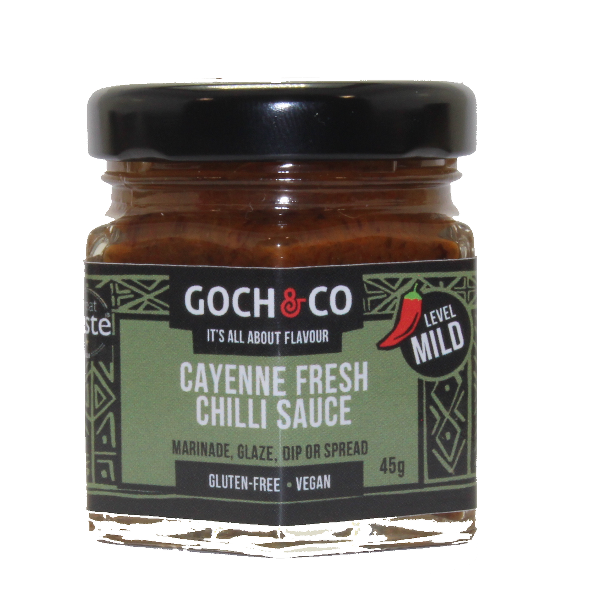Goch & Co Cayenne Fresh Chilli Sauce bottle with vibrant red chili peppers and label, ready for culinary use
