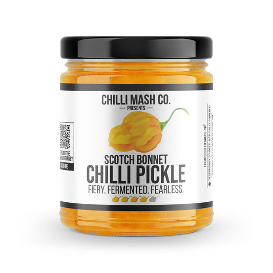 Indian-style Scotch Bonnet chilli pickle relish from Chilli Mash Co. in a 190g jar with a spicy, chunky chilli mash.