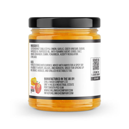 Indian-style Scotch Bonnet chilli pickle relish from Chilli Mash Co. in a 190g jar, featuring vibrant chilli mash and bold flavors.