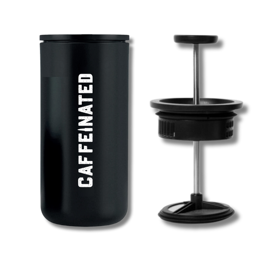 Timemore French Press coffee gear with plunger, stainless steel filter, and glass carafe for brewing coffee.