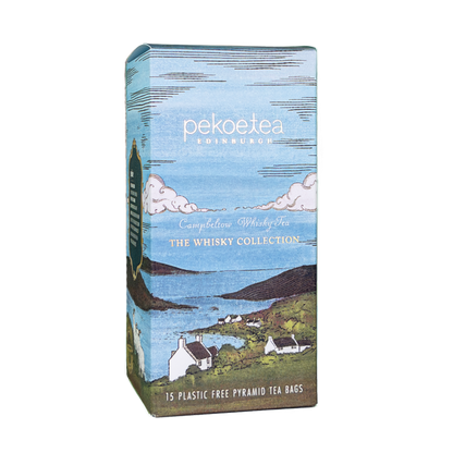 Box of PekoeTea Edinburgh Campbeltown Whisky Tea bags, featuring a colorful packaging with images of whisky and tea leaves.