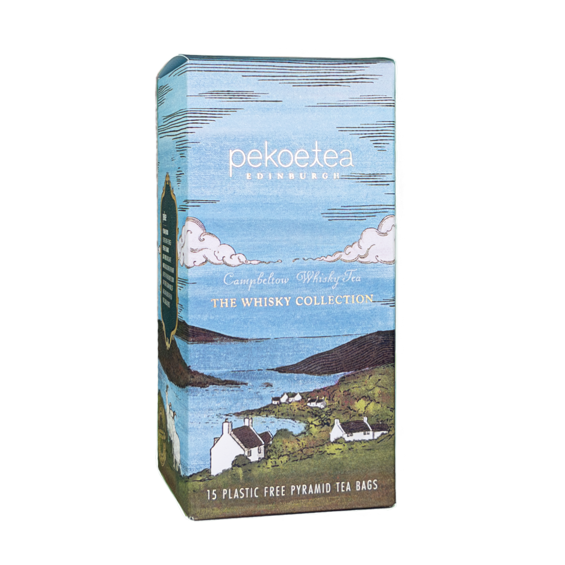 Box of PekoeTea Edinburgh Whisky Tea Campbeltown Blend tea bags featuring a decorative packaging design.
