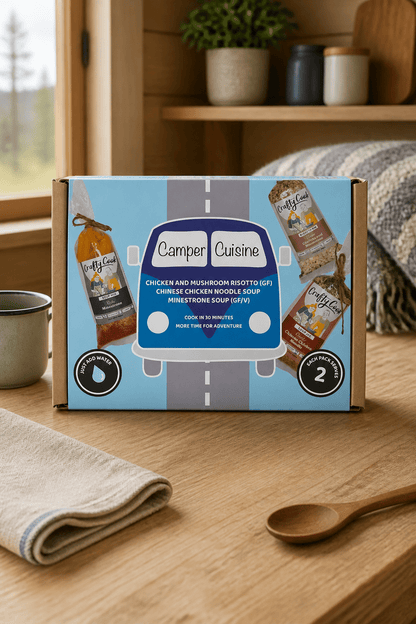 Crafty Cook Camper Cuisine blue van 3x2 serving meal set with colorful camper van illustration on packaging