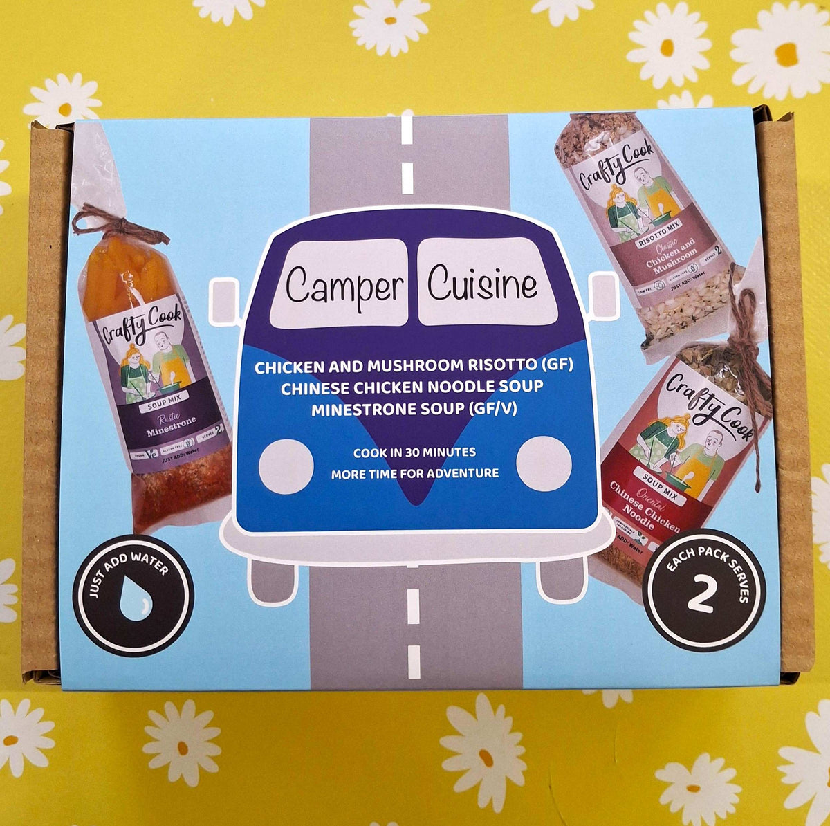 Crafty Cook Camper Cuisine Blue Van 3x2 serving meal set, featuring colorful camper van design for wholesale food packaging.