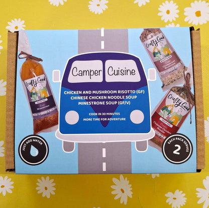 Crafty Cook Camper Cuisine Blue Van 3x2 serving meal set, featuring colorful camper van design for wholesale food packaging.