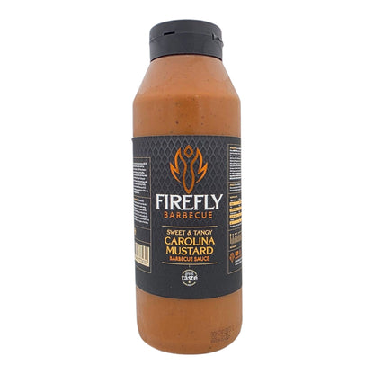 FireFly Barbecue Carolina Mustard BBQ Sauce in a 1-liter bottle, creamy yellow sauce with mustard and tangy spices.