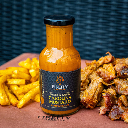FireFly Barbecue Carolina Mustard BBQ Sauce in a jar, showcasing its smooth, golden yellow mustard-based barbecue sauce texture.