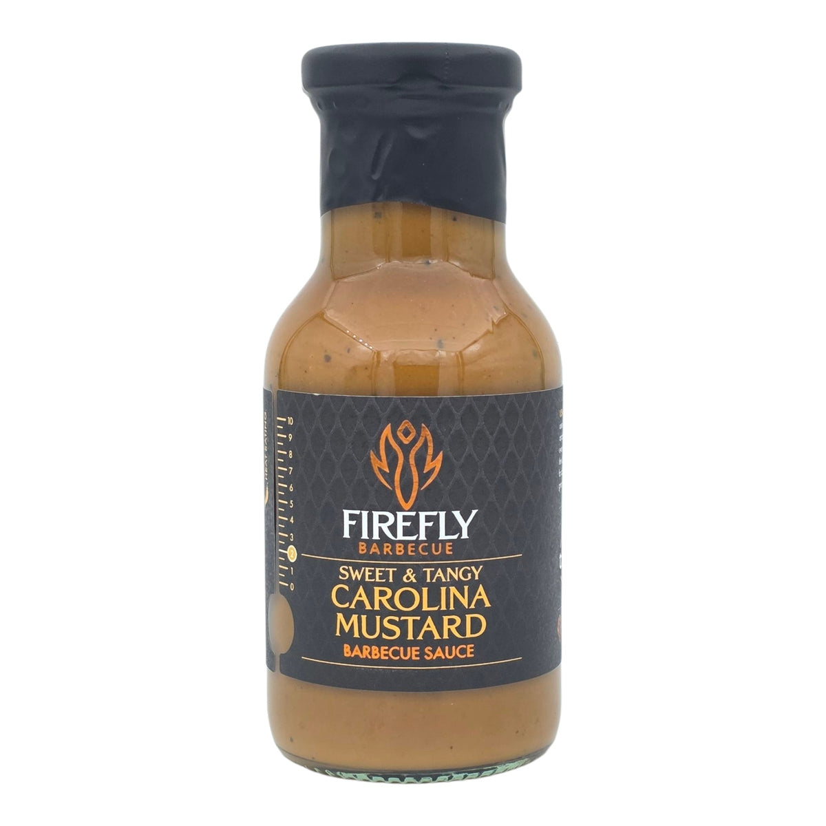 FireFly Barbecue Carolina Mustard BBQ Sauce bottle, close-up of the label with spicy mustard and smoky barbecue flavor.