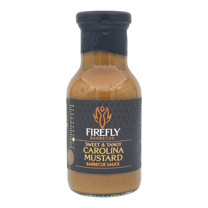 FireFly Barbecue Carolina Mustard BBQ Sauce bottle, close-up of the label with spicy mustard and smoky barbecue flavor.