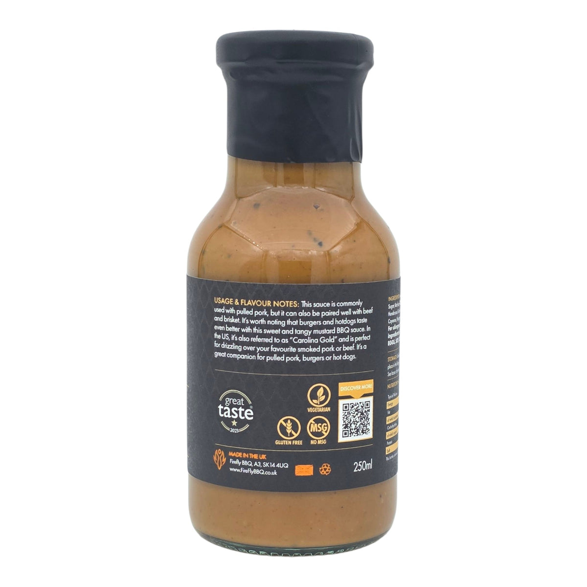 Bottle of FireFly Barbecue Carolina Mustard BBQ Sauce, smooth yellow mustard sauce in a glass jar with a label.
