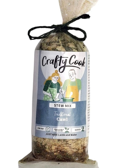 Cawl Welsh Lamb Stew Mix by Crafty Cook in a small packet, featuring ingredients and seasoning for traditional Welsh lamb stew.