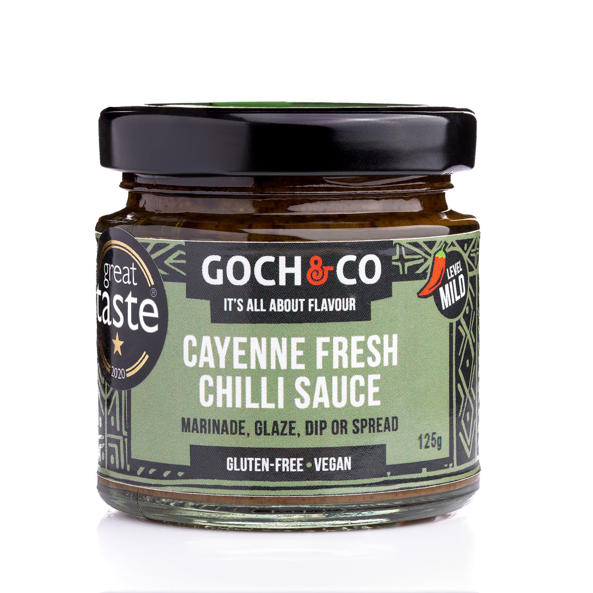 Bottle of Goch & Co Cayenne Fresh Chilli Sauce showing the label and bright red chili sauce inside.