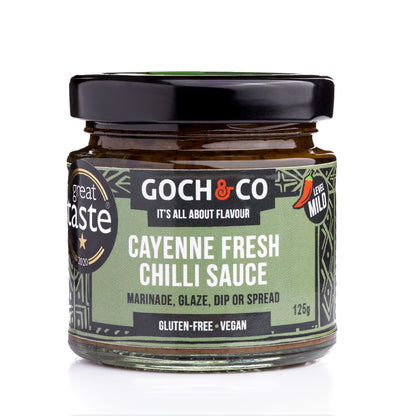 Bottle of Goch & Co Cayenne Fresh Chilli Sauce showing the label and bright red chili sauce inside.