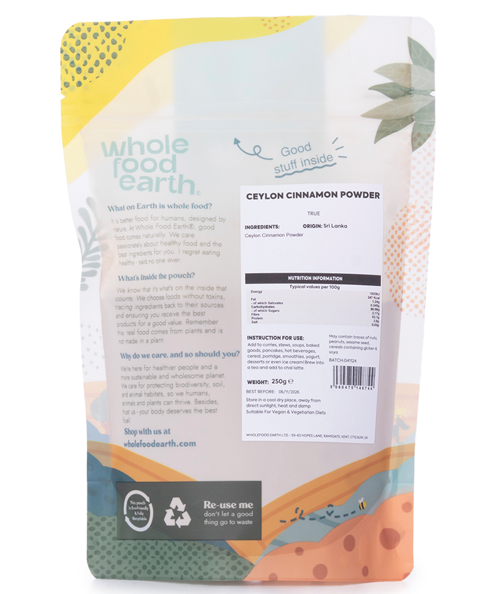 Ceylon cinnamon powder from Whole Food Earth, finely ground herb and spice in a 250g package, showcasing its light brown color