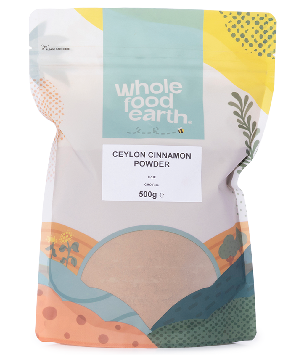 Ceylon cinnamon powder from Whole Food Earth, a fine ground organic spice in a 500g package, showcasing its warm brown color.