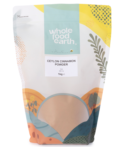 Ceylon cinnamon powder by Whole Food Earth, a fine, light brown spice in a 1kg package, used for baking and flavoring.