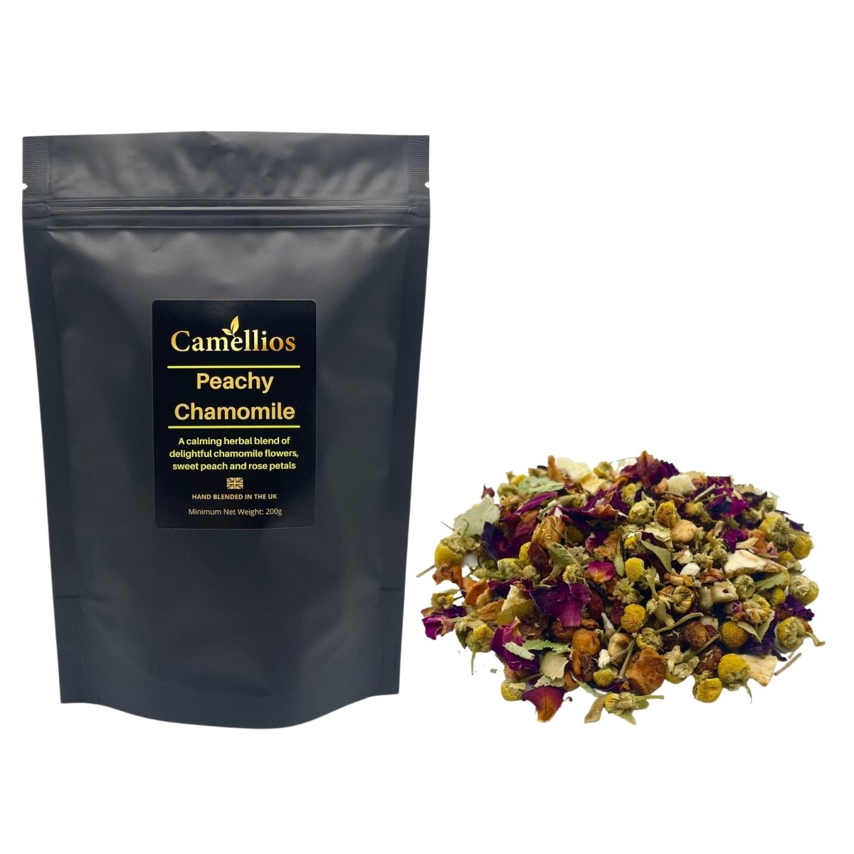 Loose leaf Peachy Chamomile tea from ArtisanBox, featuring fragrant dried chamomile flowers and peach slices in a 200g bag.