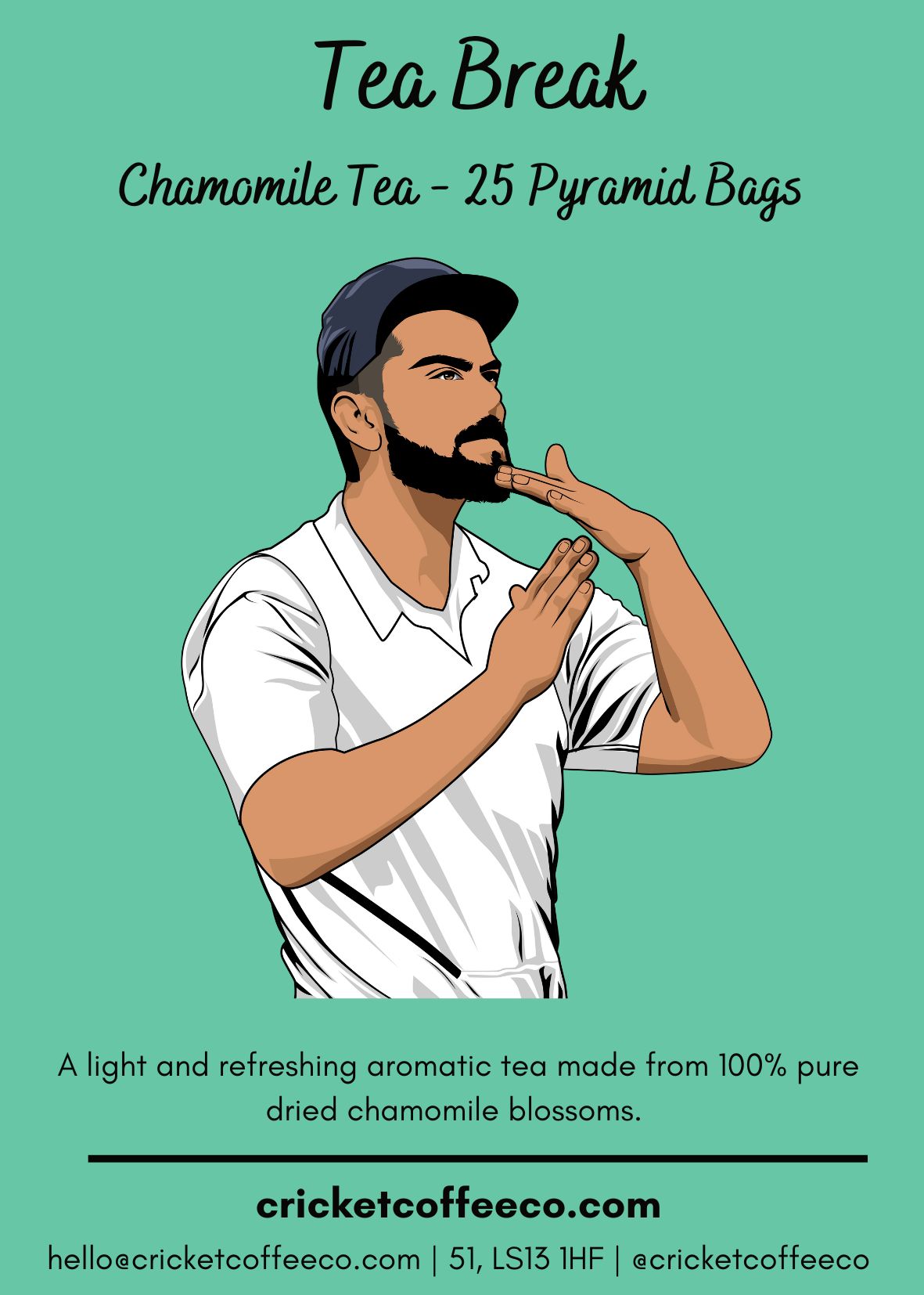 Chamomile tea from Clubhouse Roastery's Tea Break collection, featuring a label with a calming chamomile flower and tea leaves design.