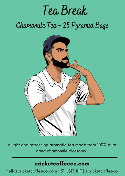 Chamomile tea from Clubhouse Roastery's Tea Break collection, featuring a label with a calming chamomile flower and tea leaves design.