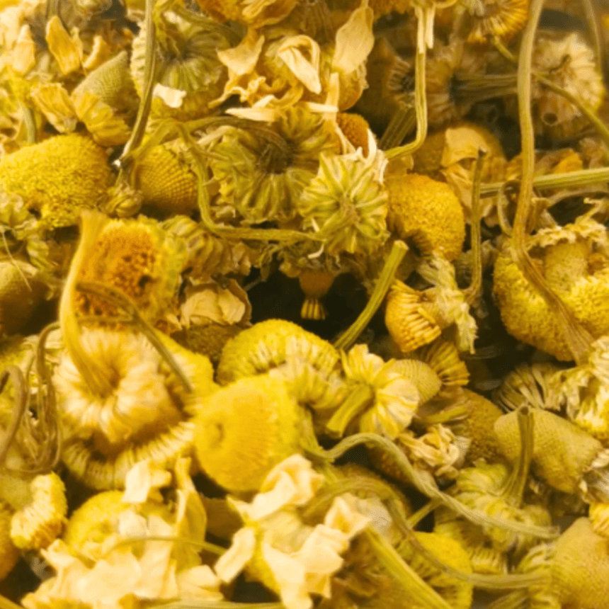 Bag of Porter Hill Tea Company chamomile fruit and herbal tea with dried chamomile flowers and herbal blends in a clear bag.