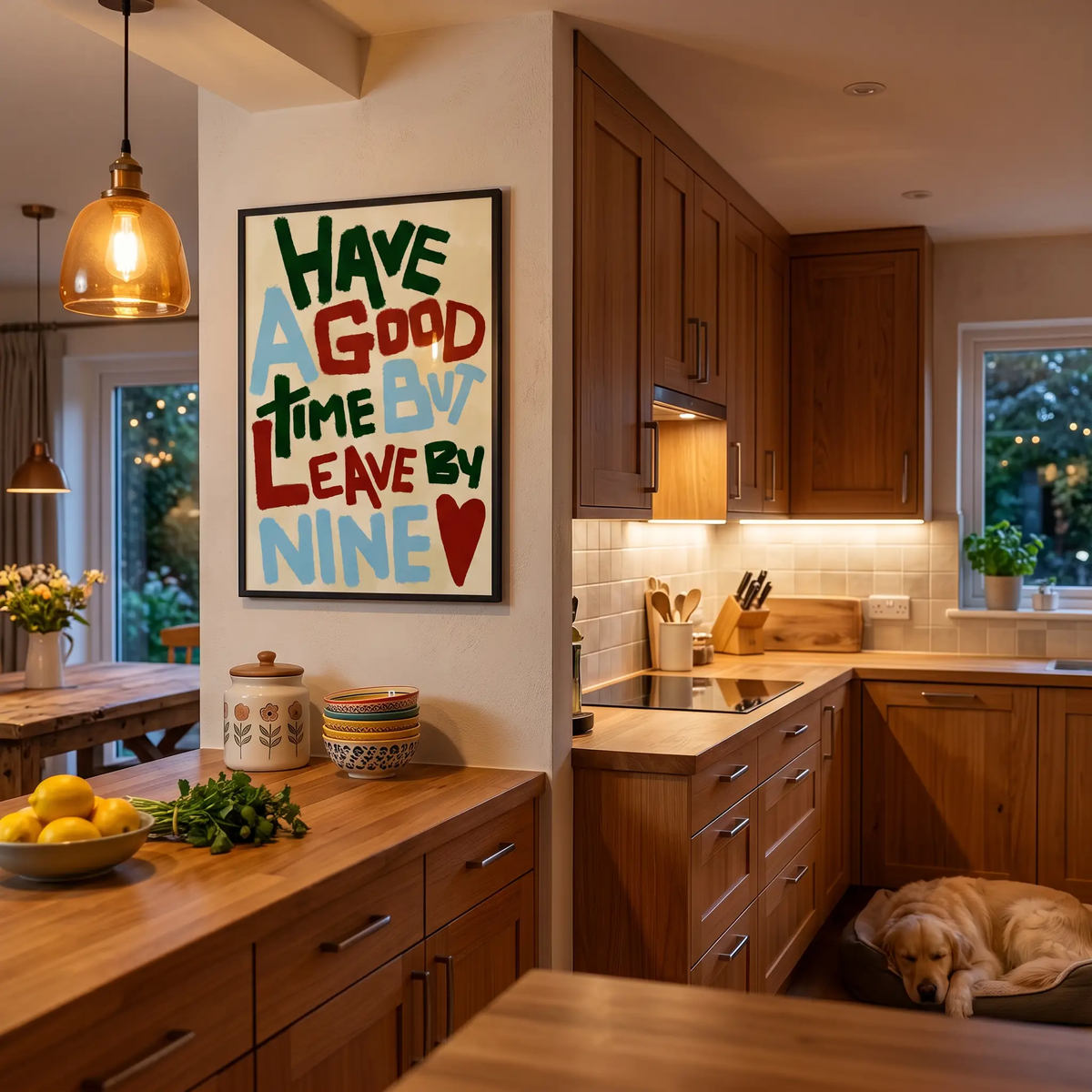 Cozy artwork titled "Have a Good Time (But Leave By Nine)" by Glassware UK, featuring warm, inviting colors and artistic design.