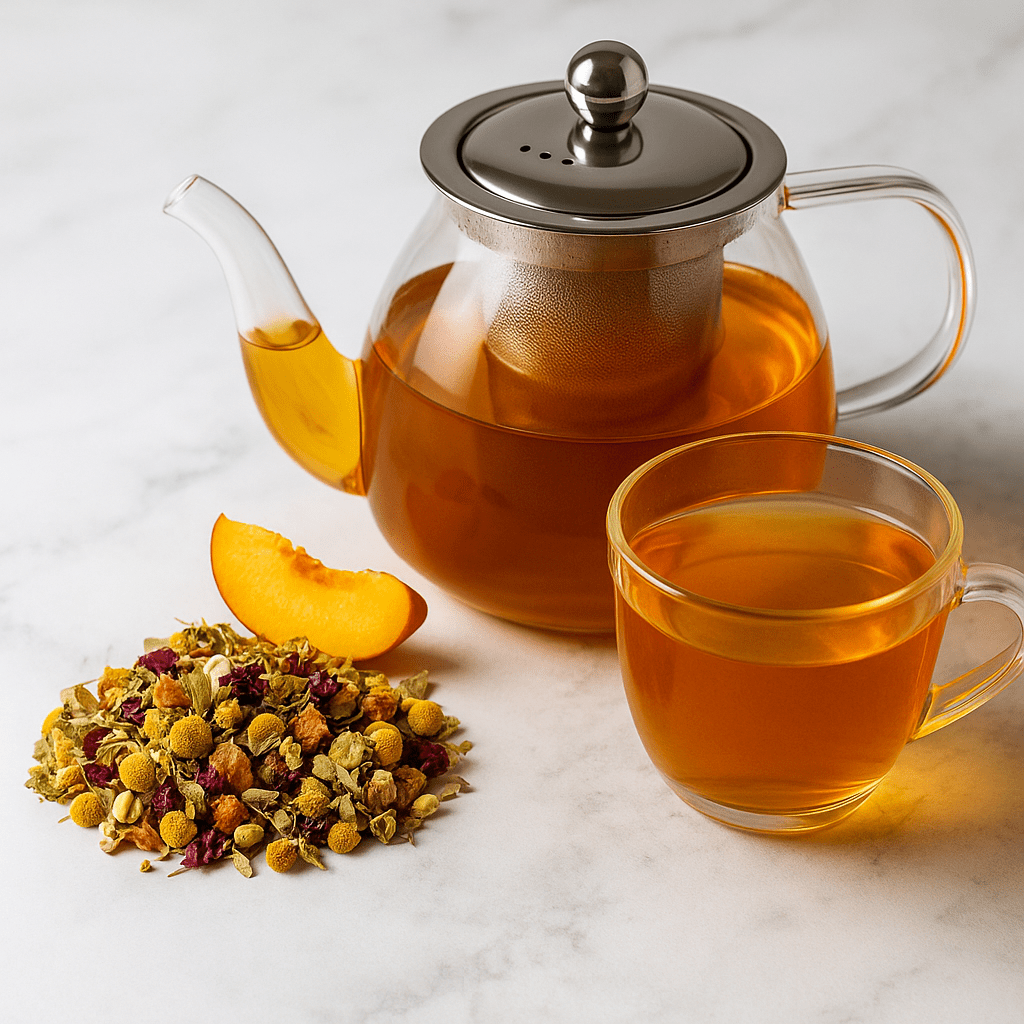 Loose leaf Peachy Chamomile tea from ArtisanBox, featuring fresh chamomile flowers and peach slices in a clear glass jar.