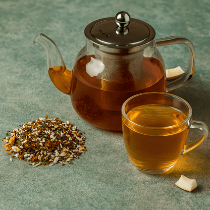 Loose leaf Tropical Rooibos tea by ArtisanBox, vibrant red-brown tea leaves with fresh tropical aroma in a clear jar.