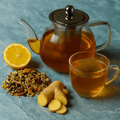 Assorted herbal loose leaf teas and infusions from Camellios displayed in glass jars on a wooden table.