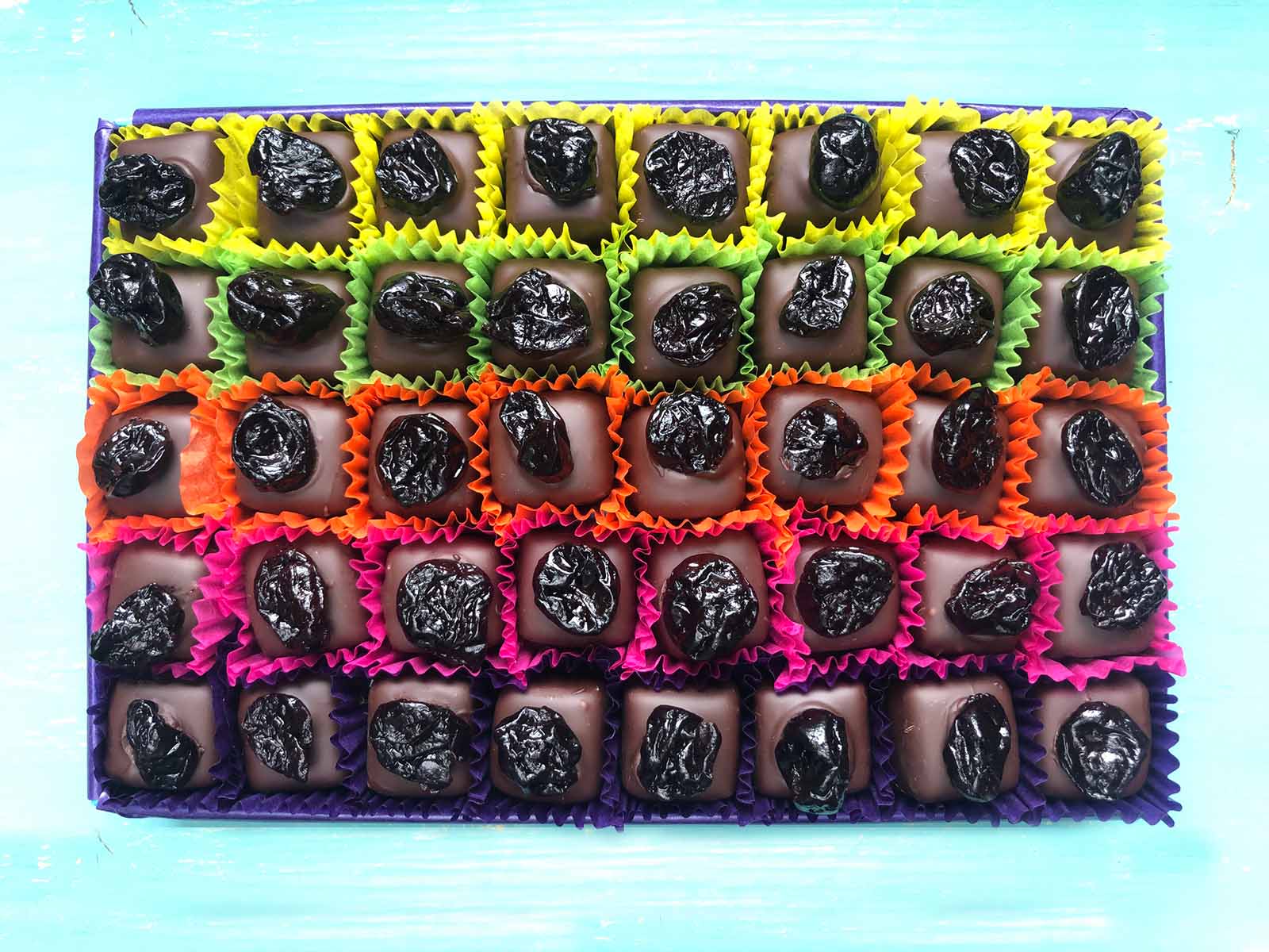 Large box of Gorvett & Stone Cherry Marzipan chocolates in a decorative chocolate gift box.