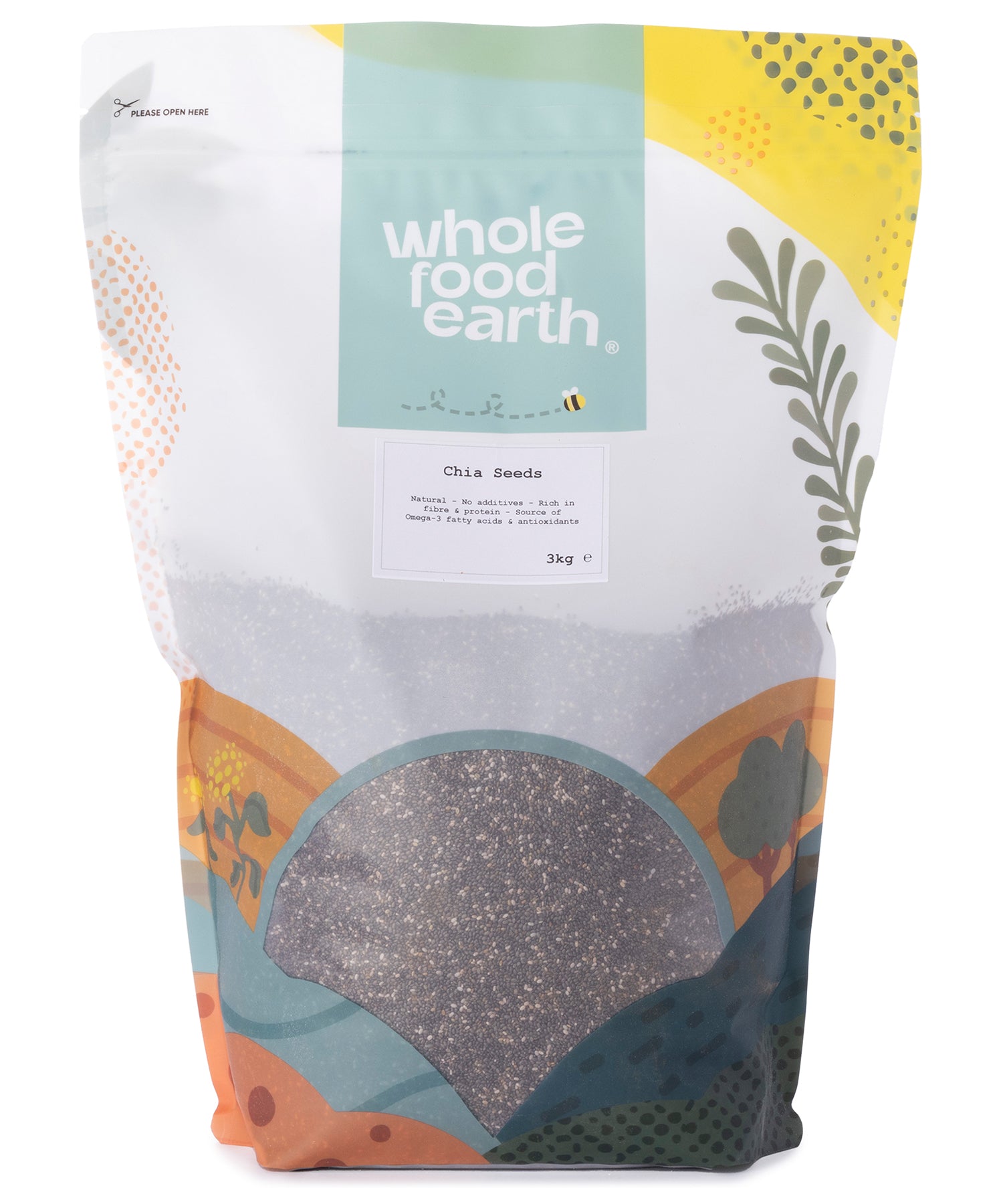 Whole Food Earth chia seeds in a 3kg bag, display of small black and white chia seeds on a white background.