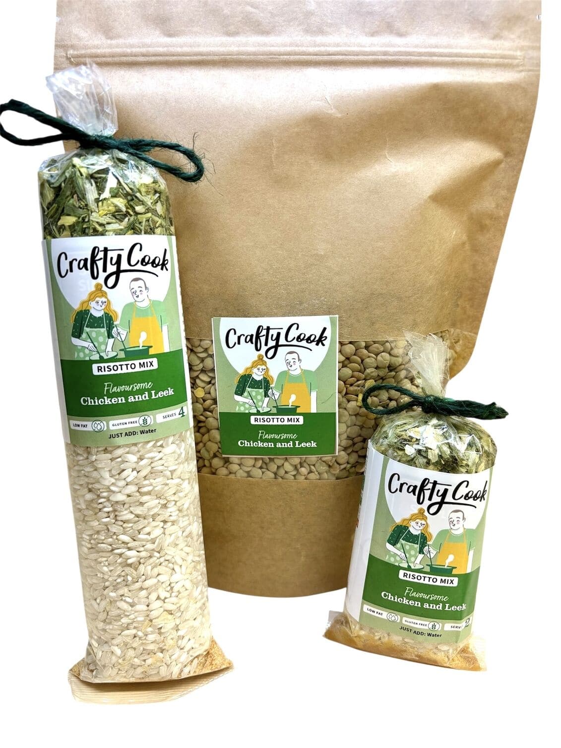 Creamy chicken and leek risotto mix by Crafty Cook, featuring fresh ingredients and a gluten-free all-in-one ready-to-cook package.