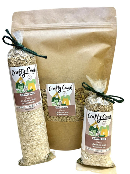 Creamy chicken and mushroom risotto mix by Crafty Cook, showcasing the prepared dish with tender chicken and earthy mushrooms.