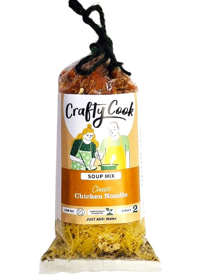 Assorted Crafty Cook Soup Collection featuring three 2-serving meal containers with chicken noodle soup.