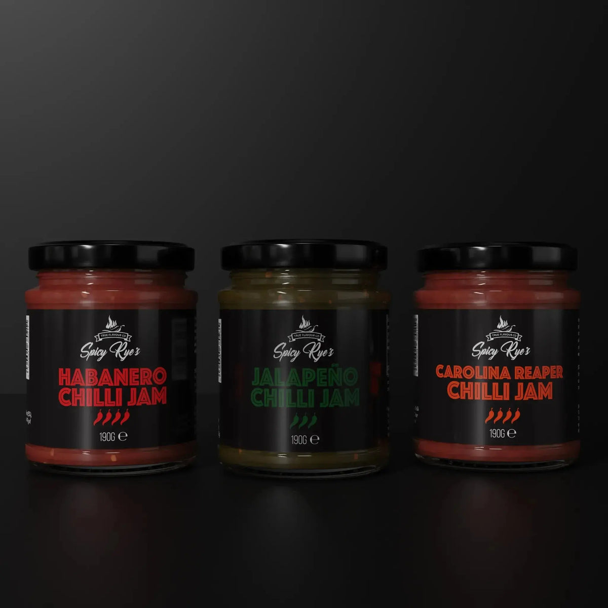 Spicy Ryes Chilli Jam Trio Gift Set featuring three jars of spicy chili jams in a decorative gift box.