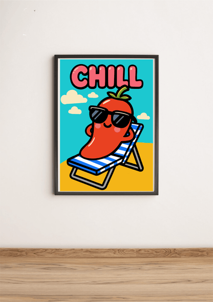 Colorful KEOLIX CHILL cartoon pepper print poster featuring vibrant illustrations on a white background.