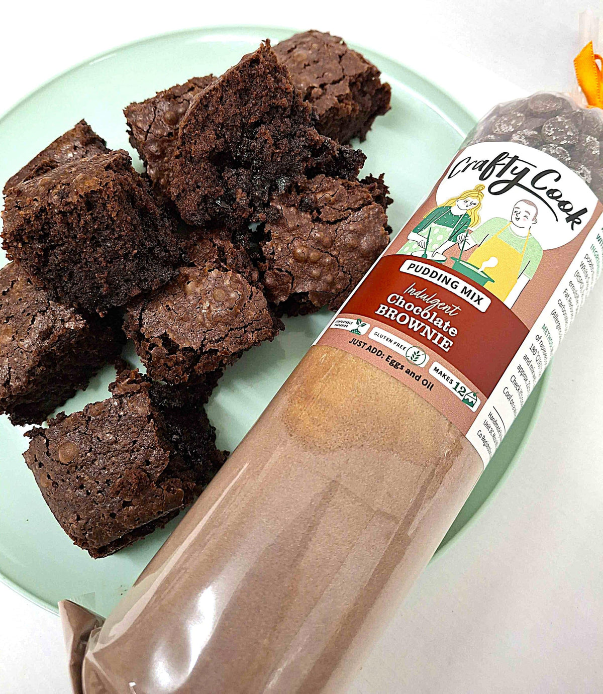 Chocolate brownie mix by Crafty Cook, gluten-free all-purpose baking mix with rich chocolate flavor, shown in a baking bowl.