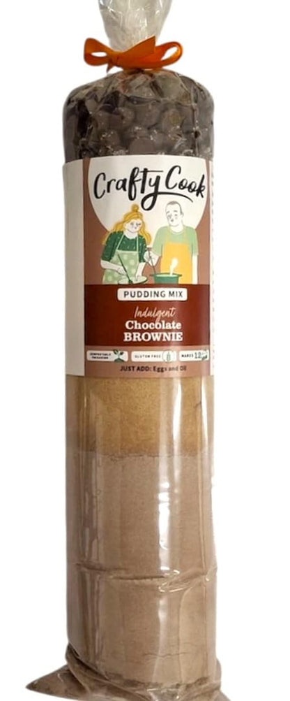 Gluten-free chocolate brownie mix by Crafty Cook, showing a package of rich, chocolate brownie batter mix on a kitchen counter.