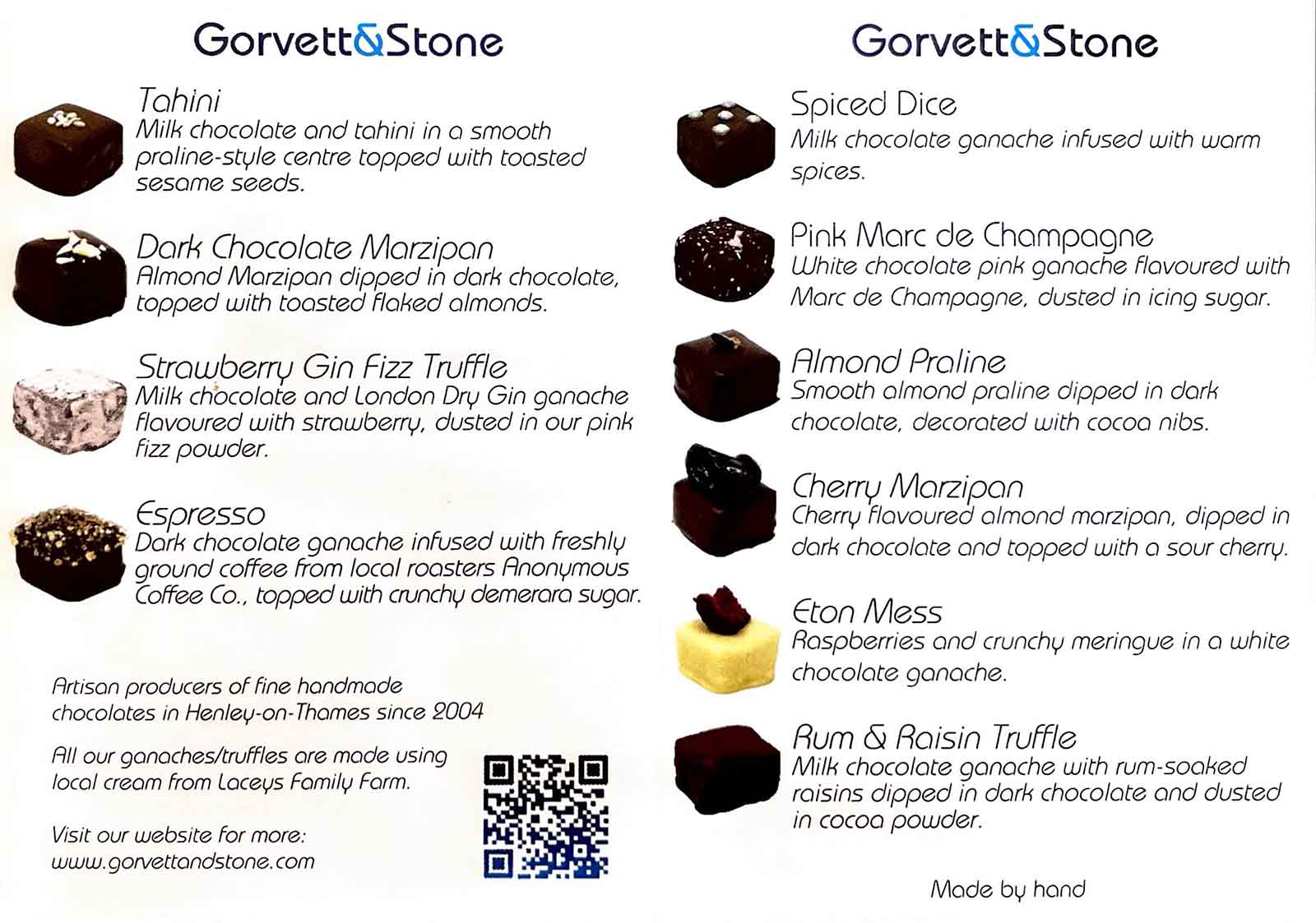 Gorvett & Stone chocolate selection box with a menu card showing an assortment of gourmet chocolates in a gift box.