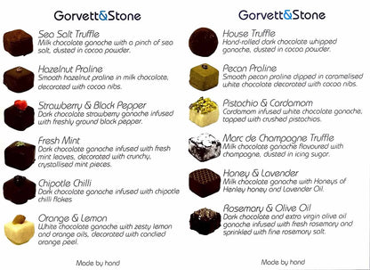 Gorvett & Stone chocolate selection box with assorted chocolates displayed on the front menu card.