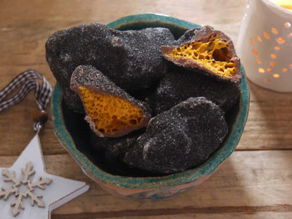 Limited edition handmade Christmas coal bowl featuring cinder toffee and honeycomb by Gorvett & Stone.