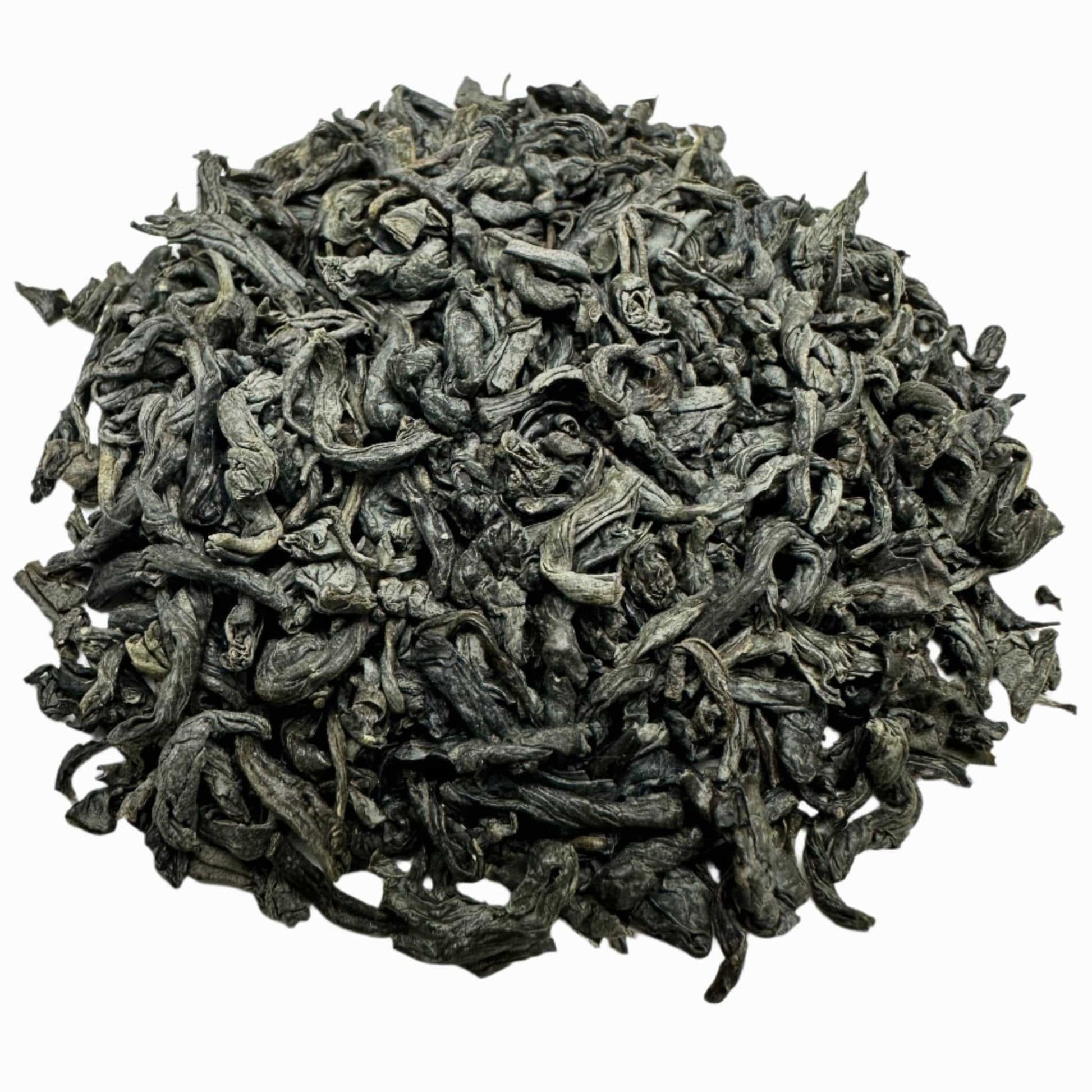 Porter Hill Tea Company Chunmee green tea leaves, dried and rolled, in a close-up image showcasing their texture and shape.