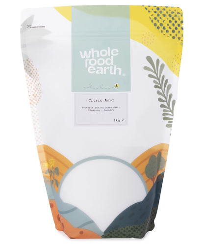 Food grade citric acid from Whole Food Earth, 2kg, a mineral salt used in food and cleaning applications.