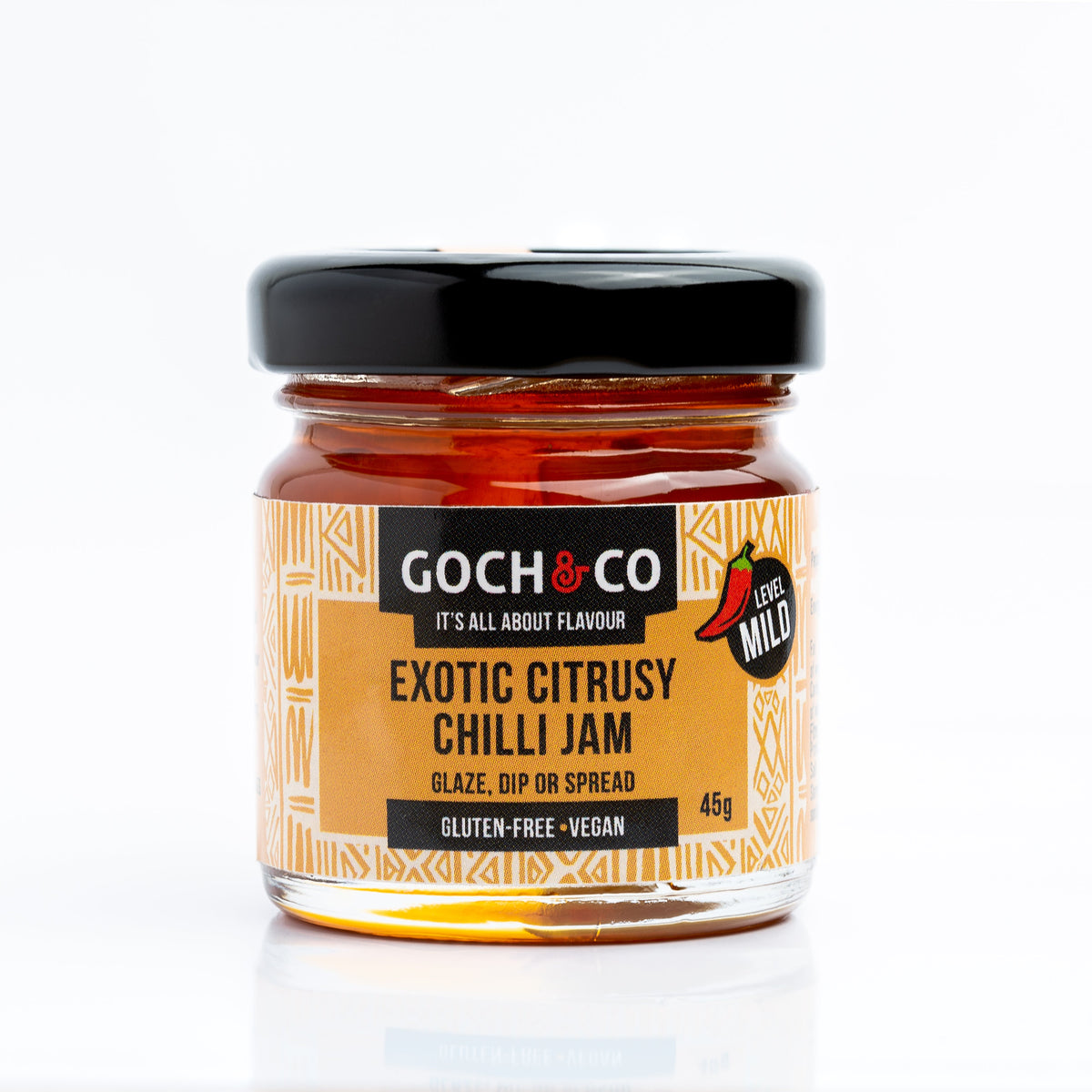 Full-size jar of Goch & Co Exotic Citrusy Chilli Jam showing the vibrant orange jam in a clear glass jar.