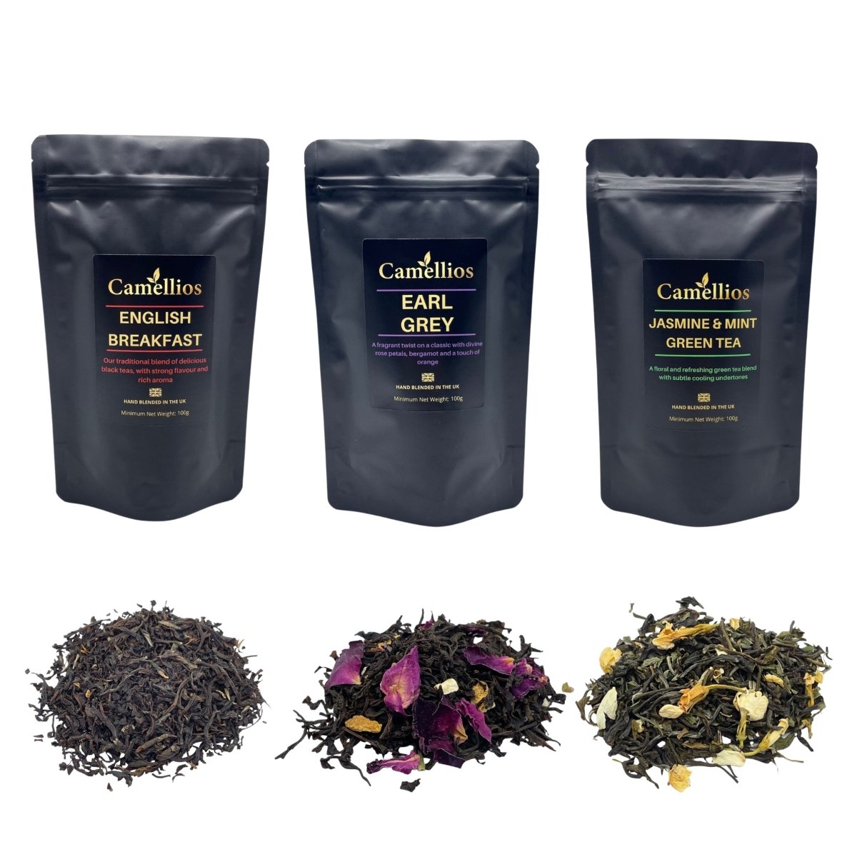 Assorted premium loose leaf teas and infusions in a classic bundle from Camellios, displayed in a decorative box.